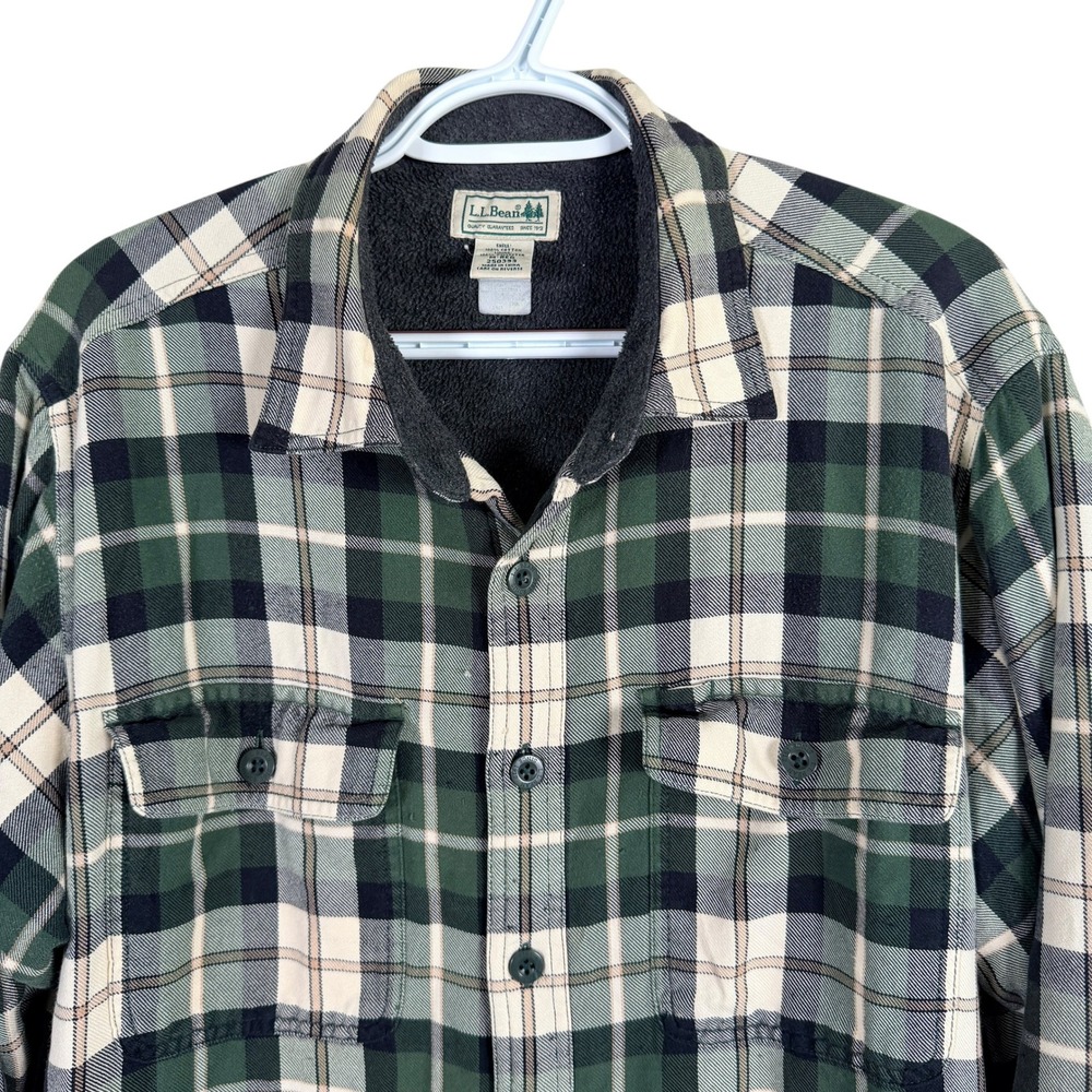 LL Bean Fleece Lined Flannel Shirt Mens M Green Plaid Heavyweight 250393 read